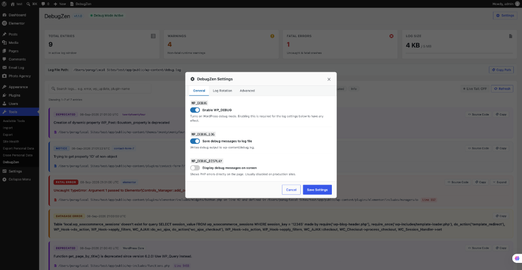 The multi-tab Settings modal for managing WP_DEBUG constants, log rotation thresholds, and viewer preferences.