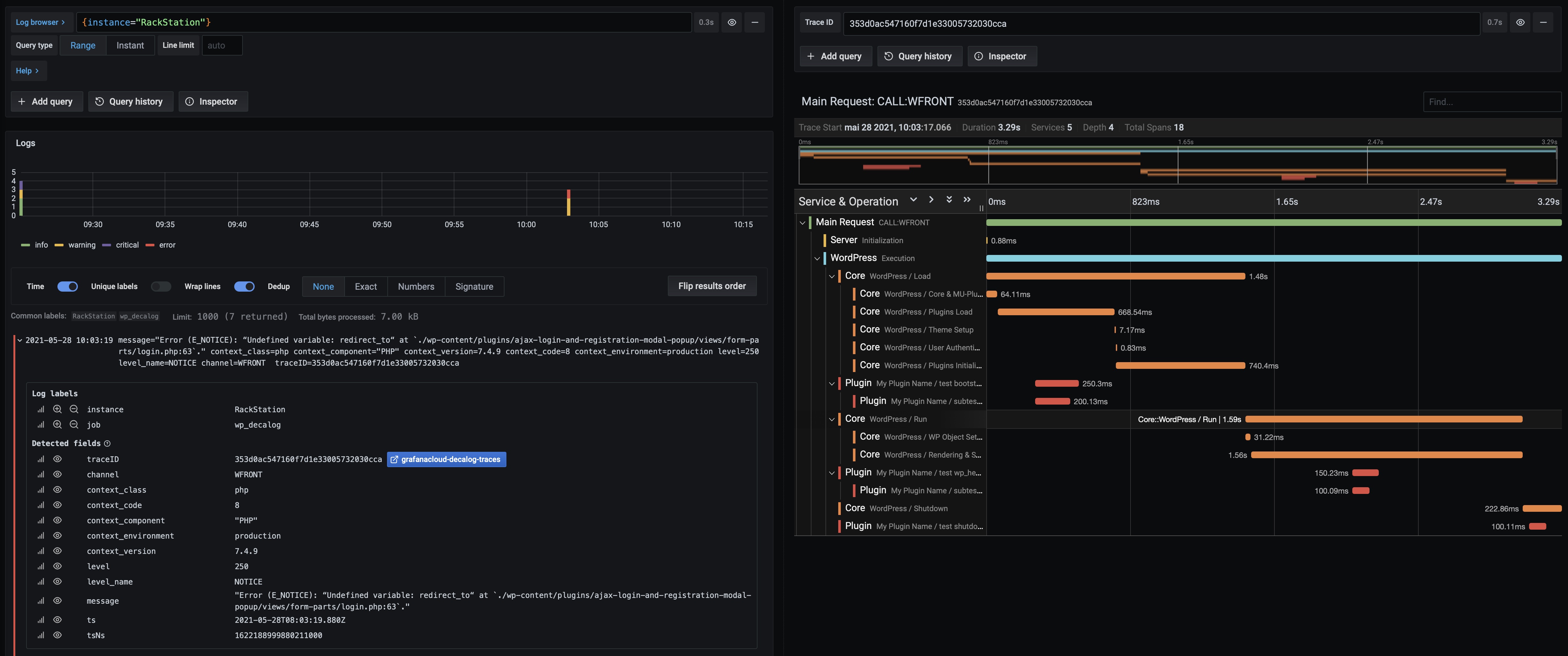 Events & Traces Seen in Grafana (example of external service)