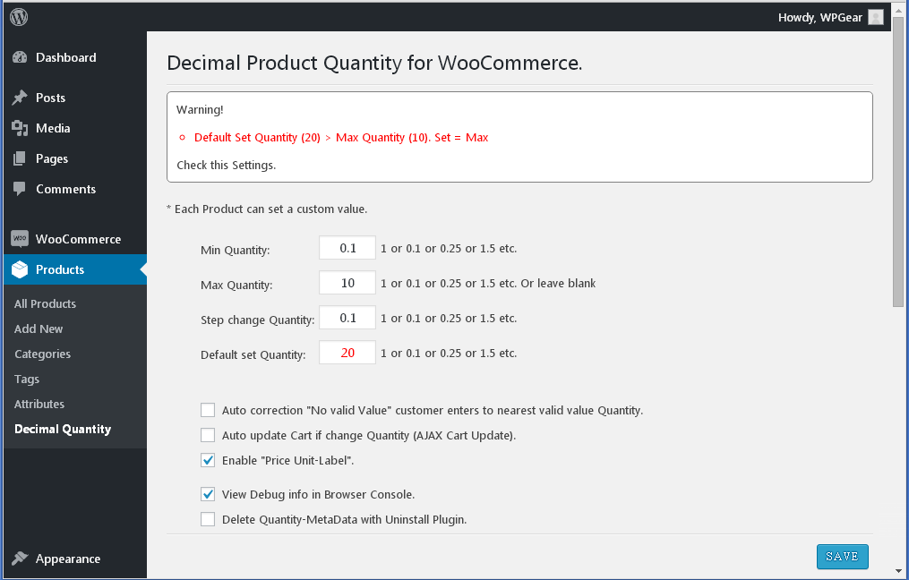 screenshot-2.png Admin page | WooCommerce Products -> Decimal Quantity. Validation Settings.