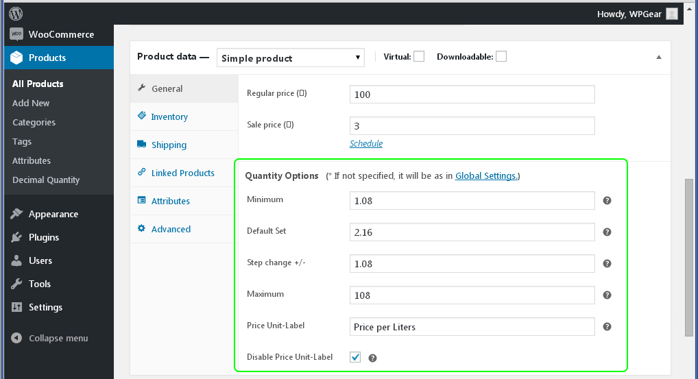 screenshot-4.png Admin page | Product -> General. Here are the Fields: "Minimum cart Quantity", "Step change Quantity", "Default preset Quantity", "Maximum cart Quantity" which override the "default" values. And "Price Unit-Label".