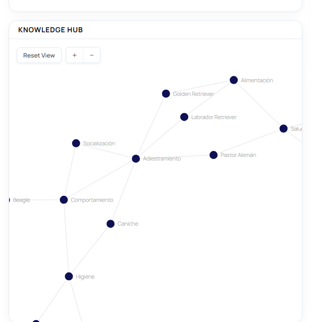 The interactive knowledge graph: labelled nodes, relationship links, Reset View and zoom controls.