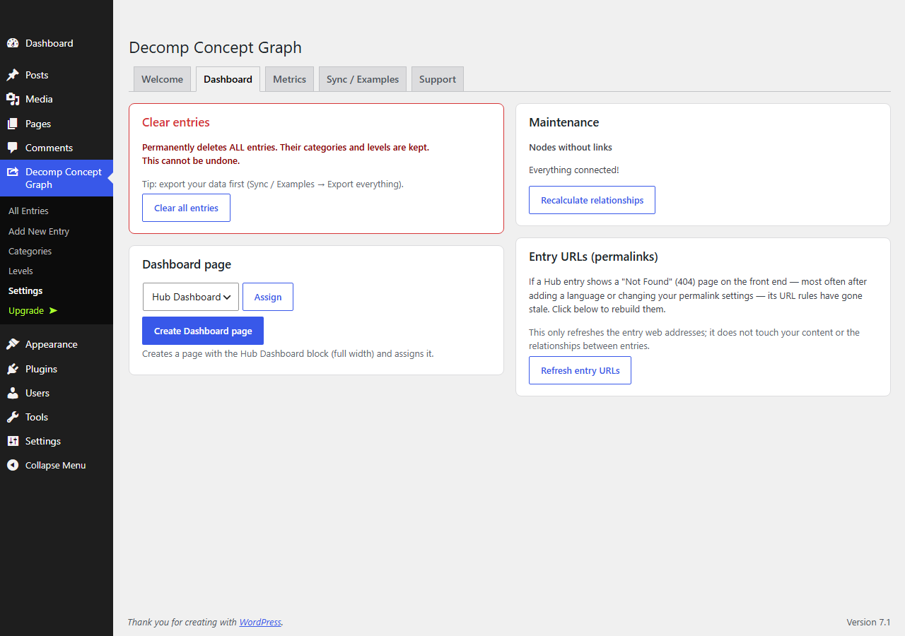 The admin settings: assign the Dashboard page and run maintenance.