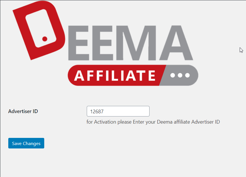 The settings interface. Add your unique Deema Affiliate Advertiser ID to the empty field, and Save Changes to install the Deema Affiliate script for your site.