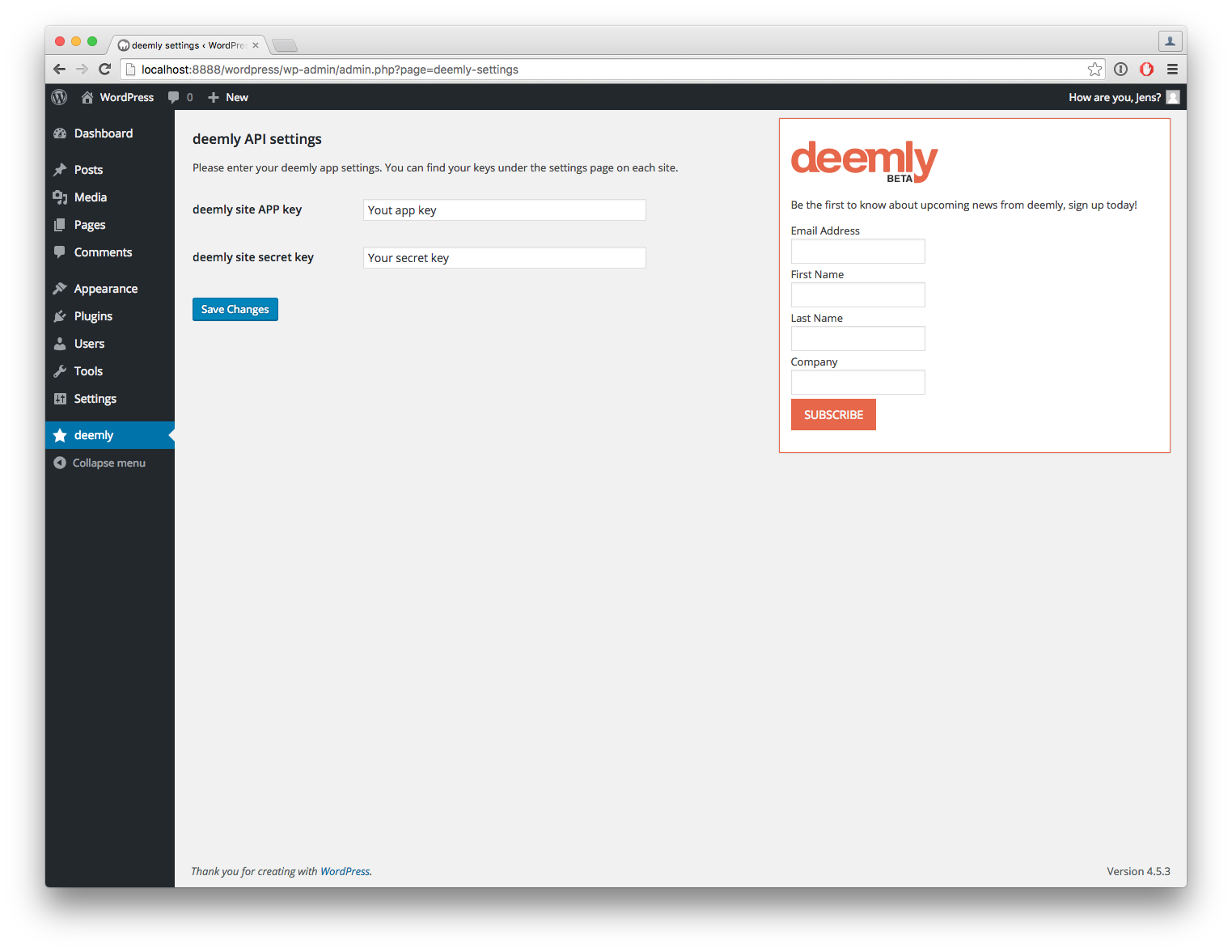 The deemly settings page, where you'll enter your App key and secret key.