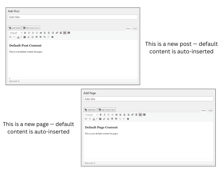 Example of default content in the post editor.