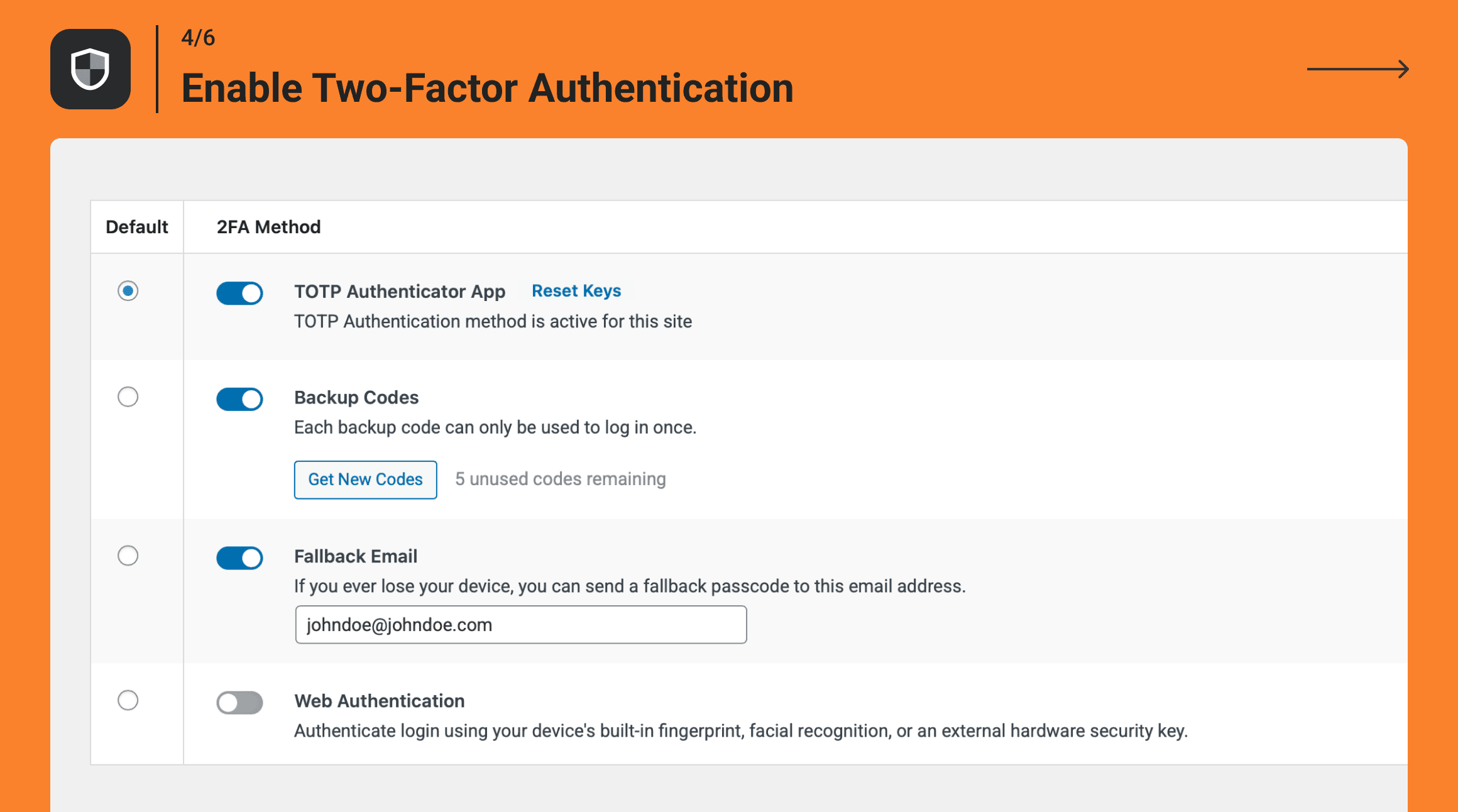 Keep your account safe with 2FA options including TOTP apps, backup codes, and secure fallback methods.
