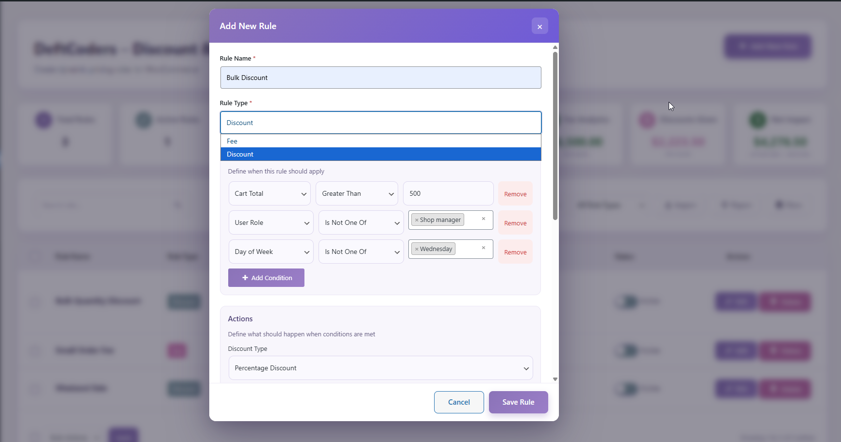**Rule builder — conditions** — the Add/Edit modal with multiple conditions already configured. Shows the condition-type dropdown, operator selector, and value input for each row, plus the Add Condition button. Demonstrates how to combine Cart Total, Day of Week, and User Role conditions on a single rule.