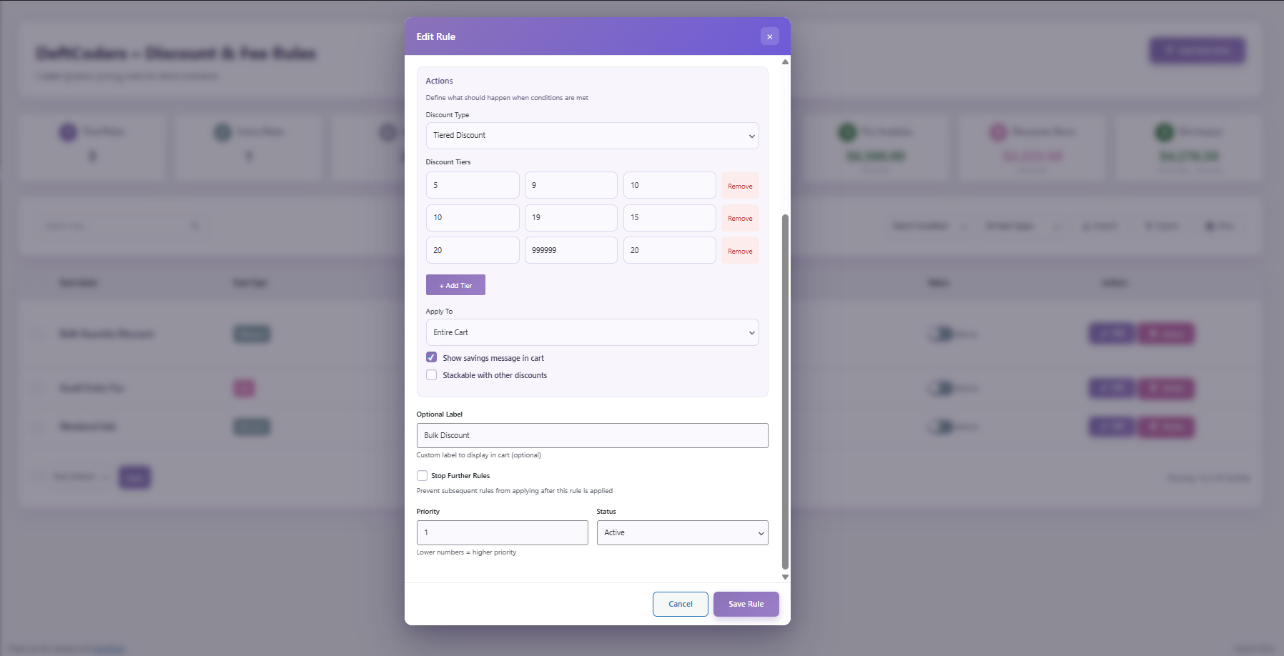 **Rule builder — tiered discount action** — the action panel with Tiered Discount selected and three quantity brackets fully filled in (5–9 items: 10%, 10–19 items: 15%, 20+ items: 20%). Also shows the Optional Label field, Stop Further Rules checkbox, priority, and status fields.