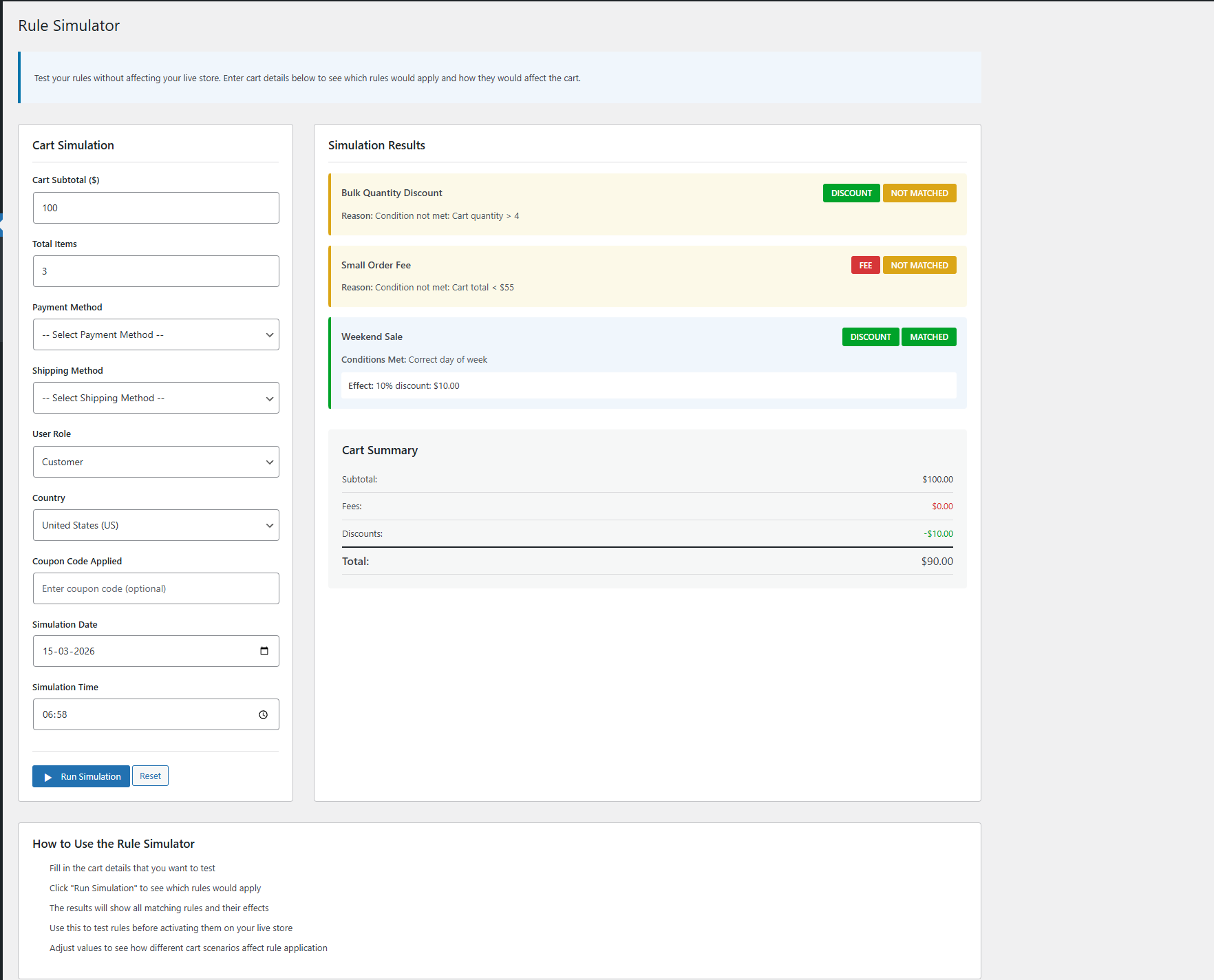 **Rule Simulator — input panel** — the left panel of the simulator with a full cart scenario entered: subtotal, item quantity, payment method, shipping method, user role, country, coupon code, simulation date, and simulation time.