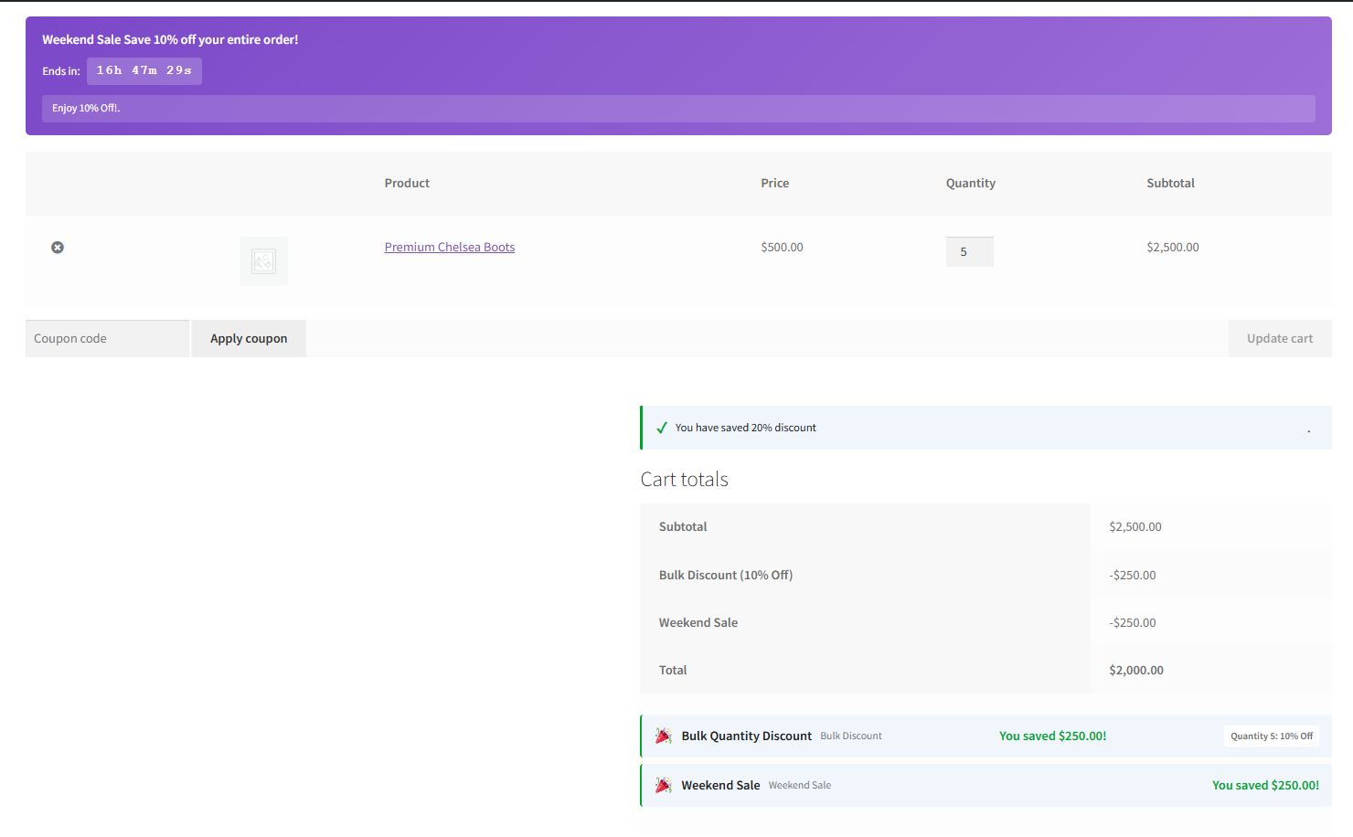 **Rule Simulator — results panel** — the right panel showing two matched rules (green checkmarks, conditions met, calculated discount amounts) and one unmatched rule (grey, condition that failed shown). Cart summary table at the bottom: subtotal, total fees, total discounts, final total.