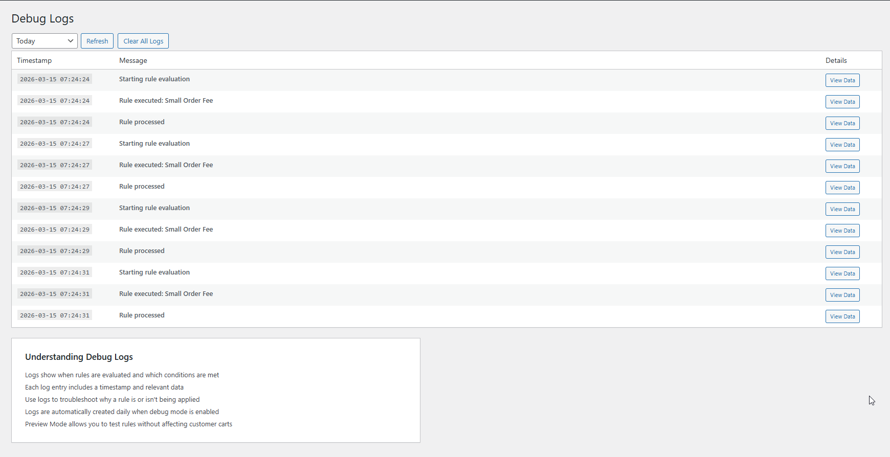 **Settings page** — four toggle switches (Preview Mode, Debug Mode, Display Savings, Display Countdown Timer), read-only store timezone field, and a compatibility table at the bottom showing WooCommerce version, WordPress version, PHP version, HPOS status, and WPML detection.