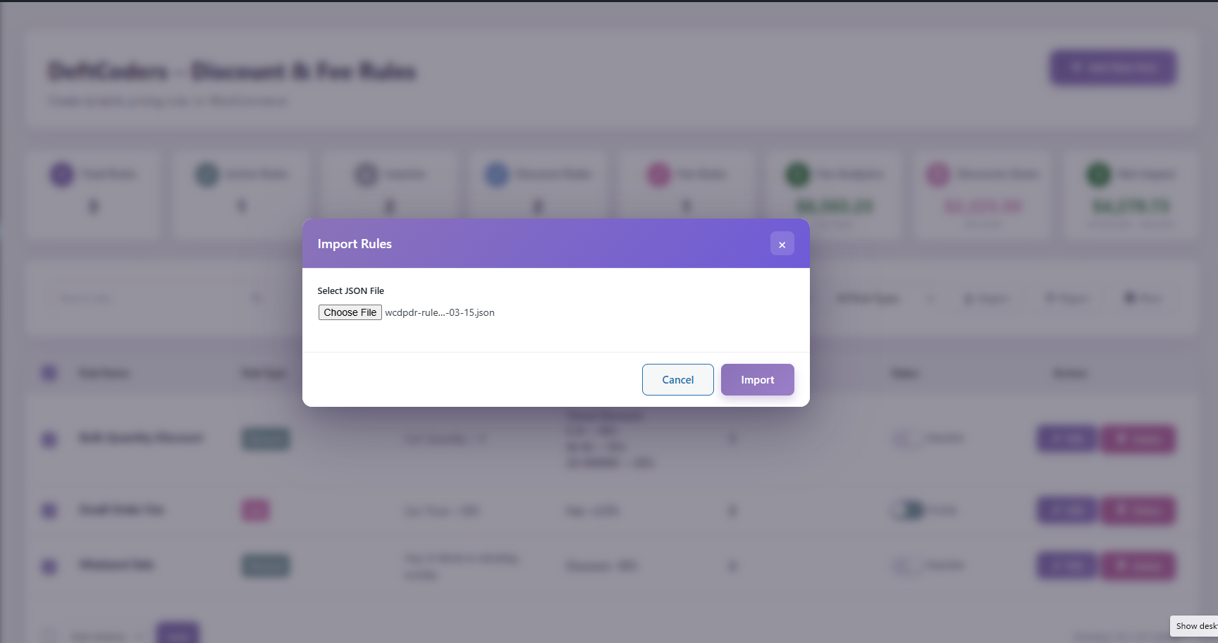 **Debug logs page** — date-selector dropdown listing available log dates, raw timestamped log content showing rule evaluation entries (rule name, conditions met/not met, amount applied), and a Clear All Logs button.
