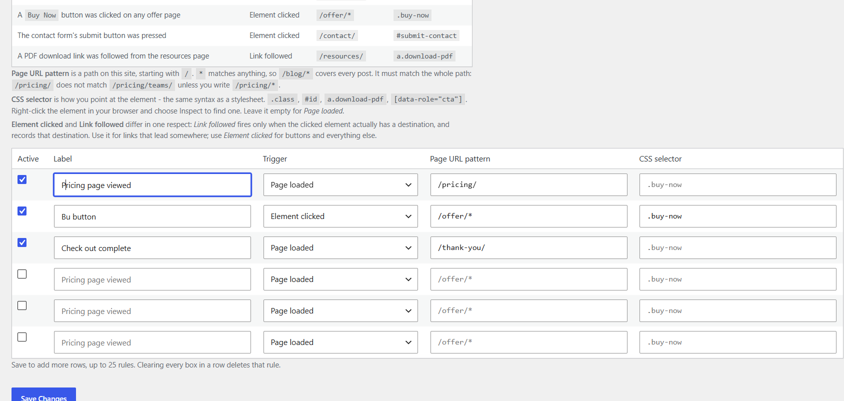 Choose which pages and buttons to watch, in plain language. Matching visits and clicks go straight to your automation - no JavaScript to write, and no third-party analytics service in the middle.