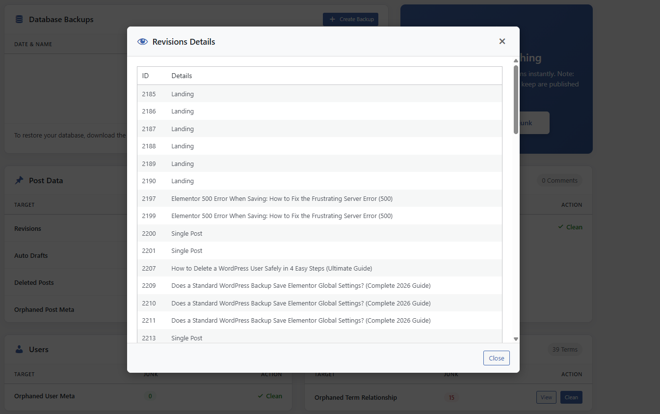 **Details Modal:** Preview exactly which database rows (Revisions, Transients, etc.) are about to be deleted before confirming.