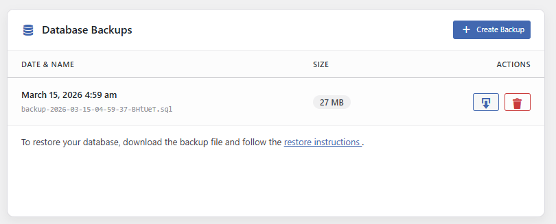 **Backup Management:** Easily generate, download, or delete `.sql` backup files with one click.