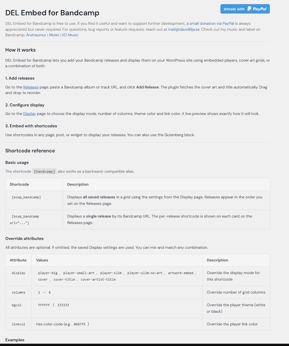 Help page — shortcode reference with attribute examples.