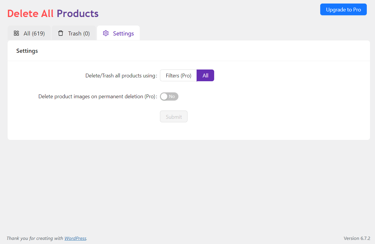 Track the deletion process with a progress bar that shows real-time updates as products are moved to the trash.