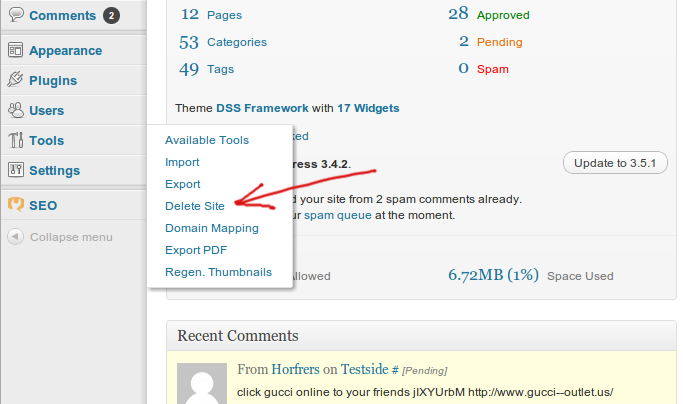 The delete site button that is removed by this plugin for regular admins on multisite