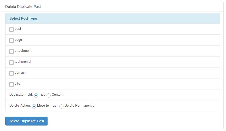 Delete Duplicate post, page, custom post option page.