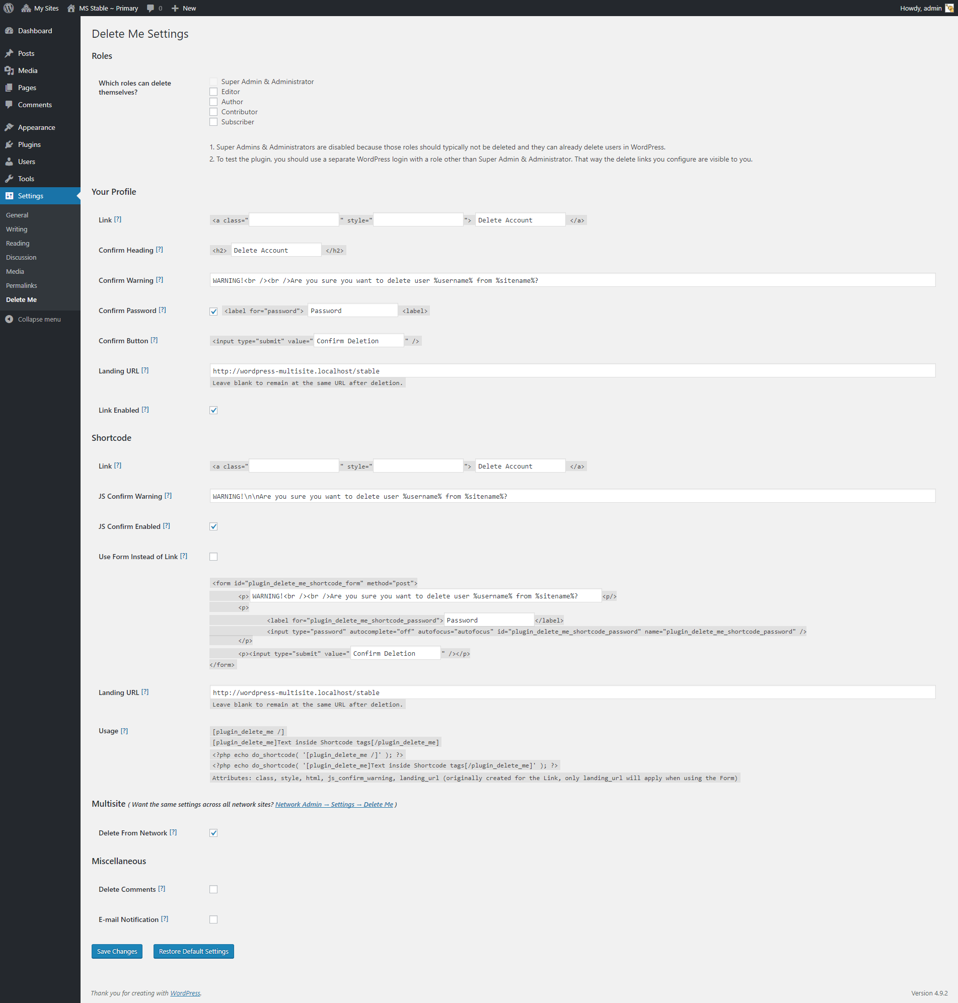 **Settings -> Delete Me** subpanel.