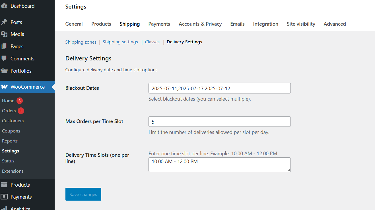 Admin settings for configuring blackout dates and slots