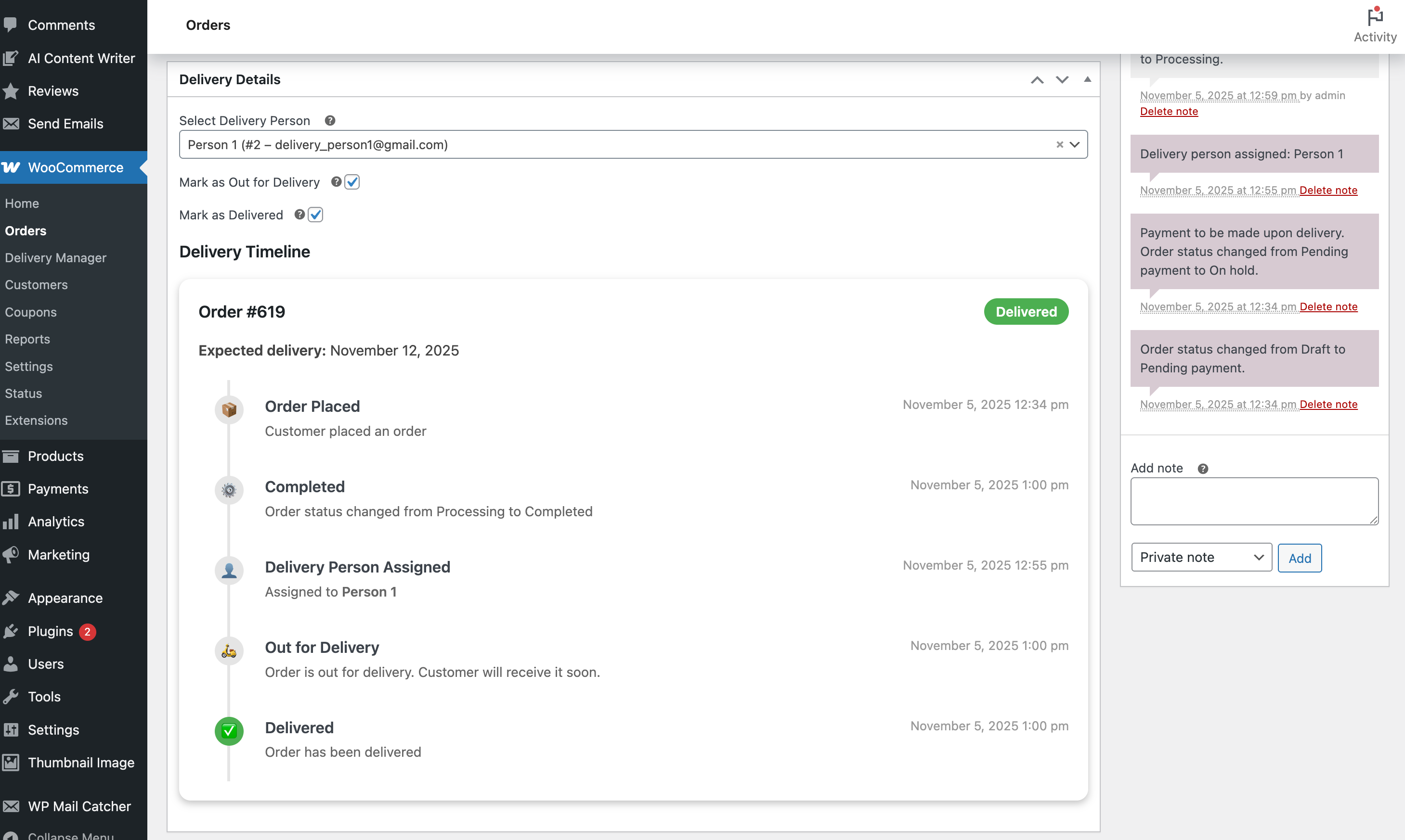 **Order Page** - Delivery information and timeline visible to the admin order page.