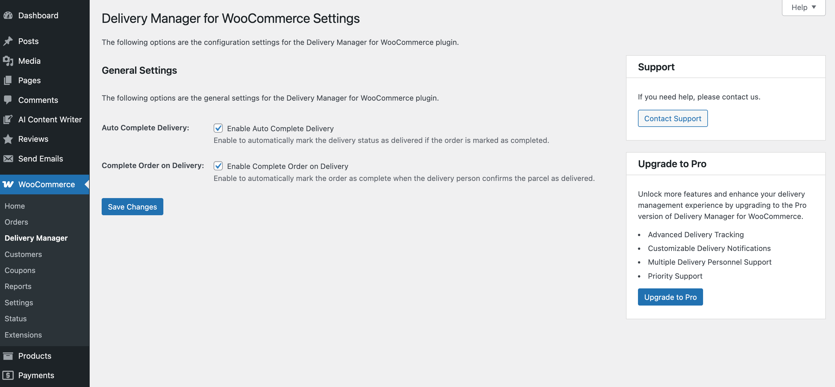 **Settings Panel** - Configure auto-complete and delivery options in WooCommerce settings.