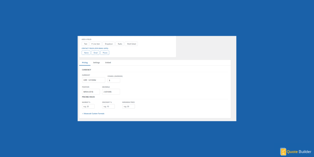 Pricing tab — set currency, markup %, discount %, minimum price, and custom formula