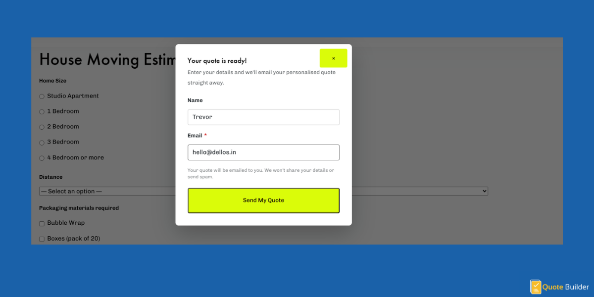 Email gate modal — visitor enters their name and email to receive their personalised quote
