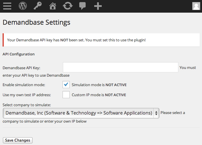 Enter your Content Module key on the Settings page.  This is also where simulation mode is enabled.  Various companies can be simulated using the drop down menu or by manually entering an IP address.