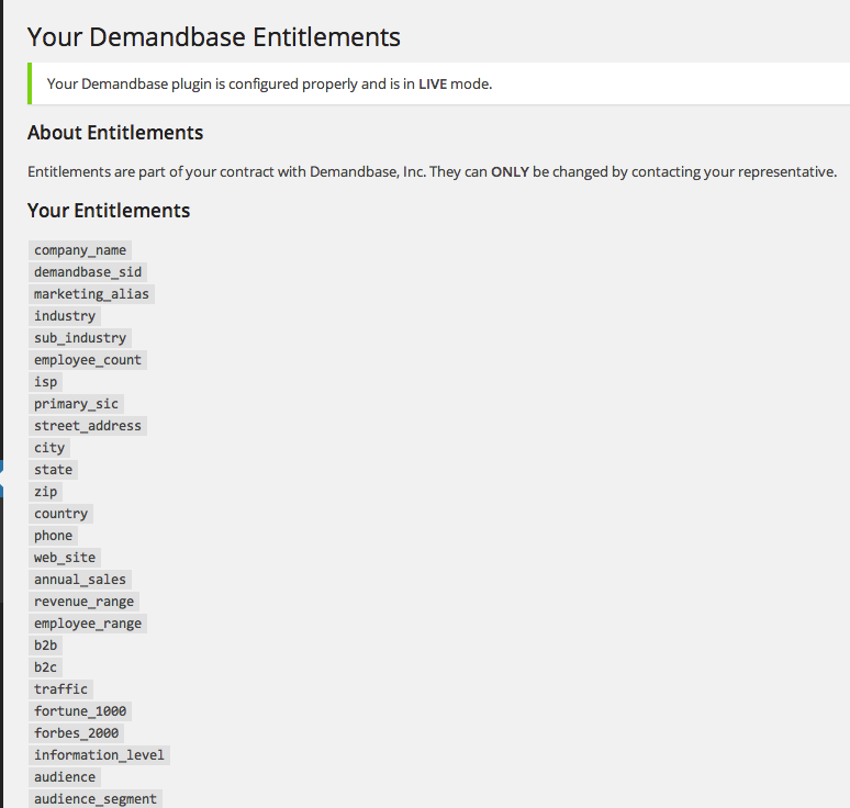 The Entitlements page shows the Demandbase Company Profile attributes available for personalization and targeting, including Account Watch attributes.  These can be enabled or disabled by contacting your Demandbase representative.
