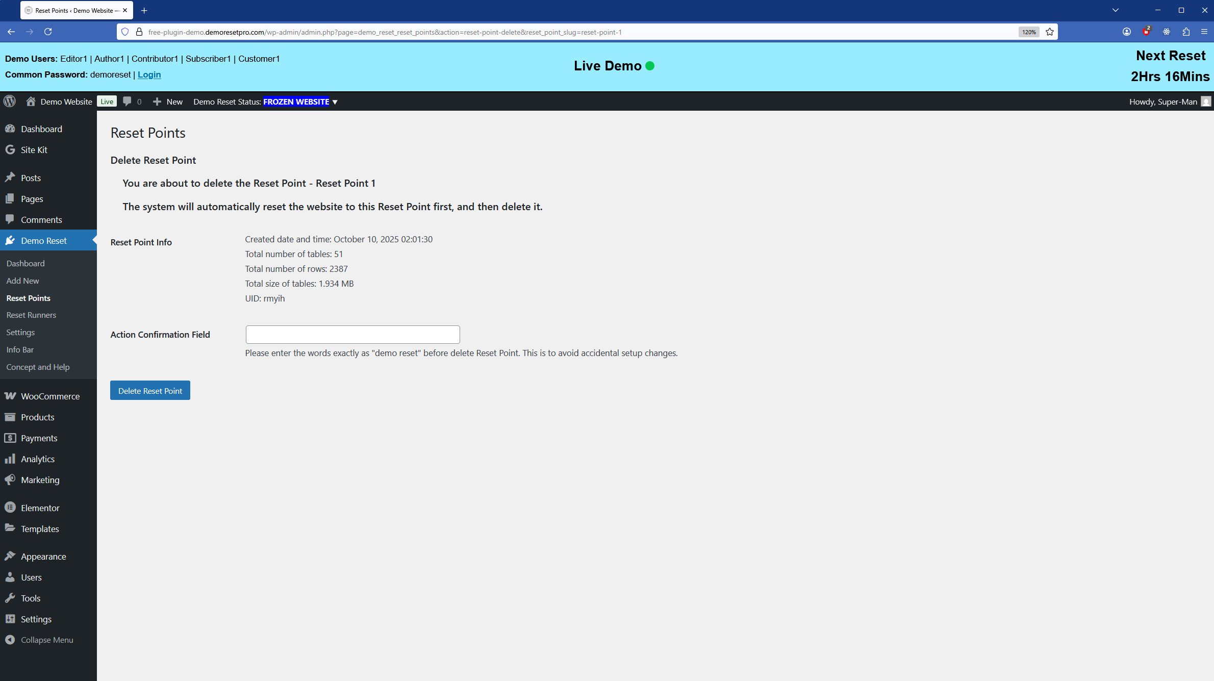 Demo Reset Dashboard - THAWED state (Non-Demo mode)