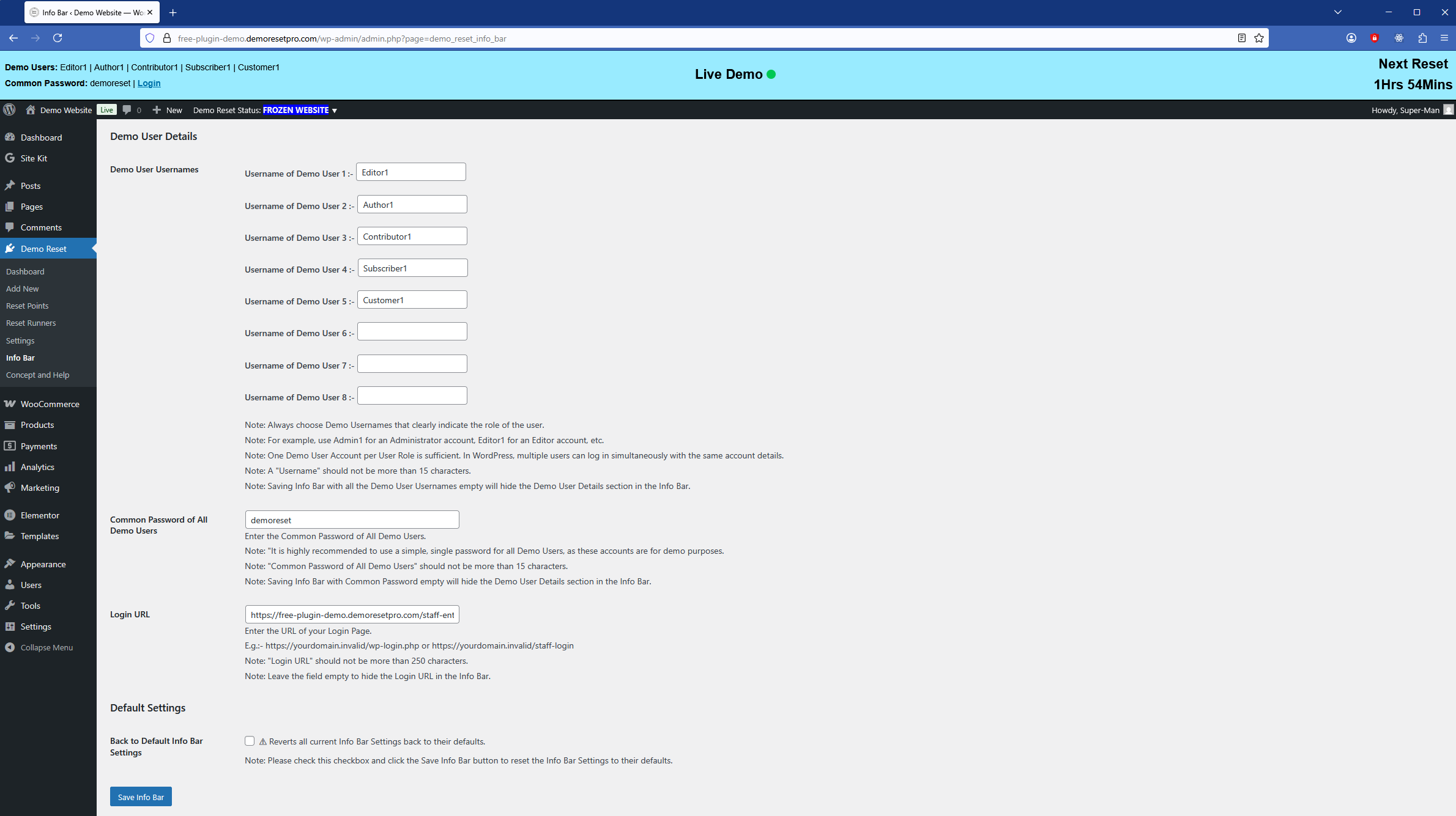 Settings - THAWED state (Non-Demo mode)