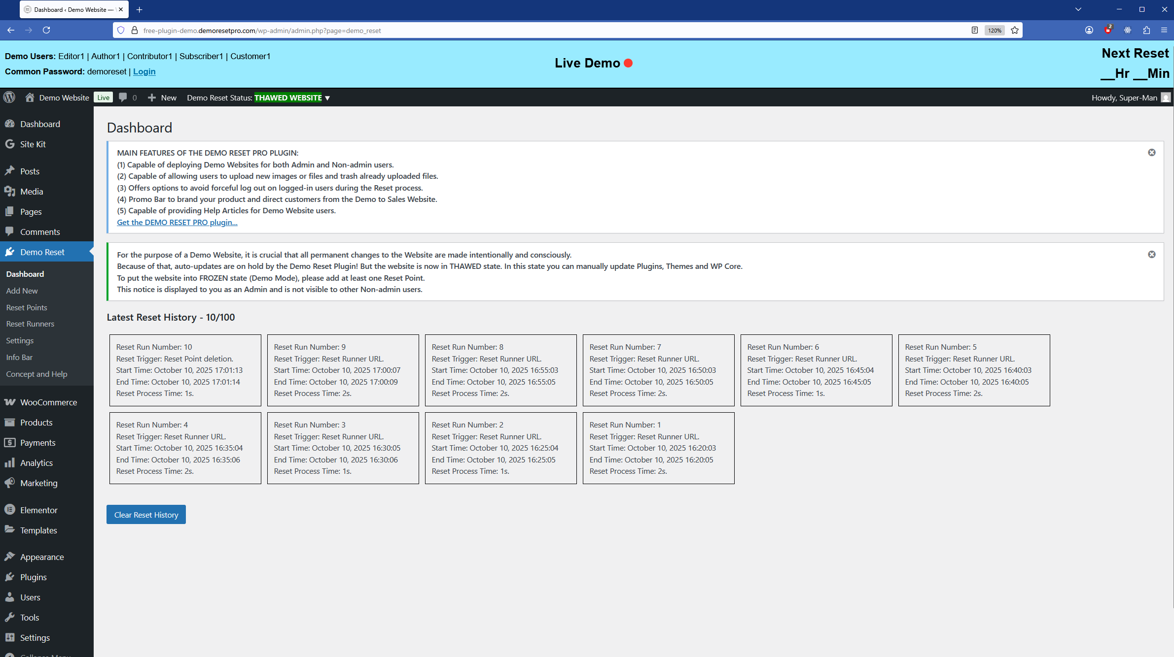 WP Dashboard - FROZEN state (Demo Mode)