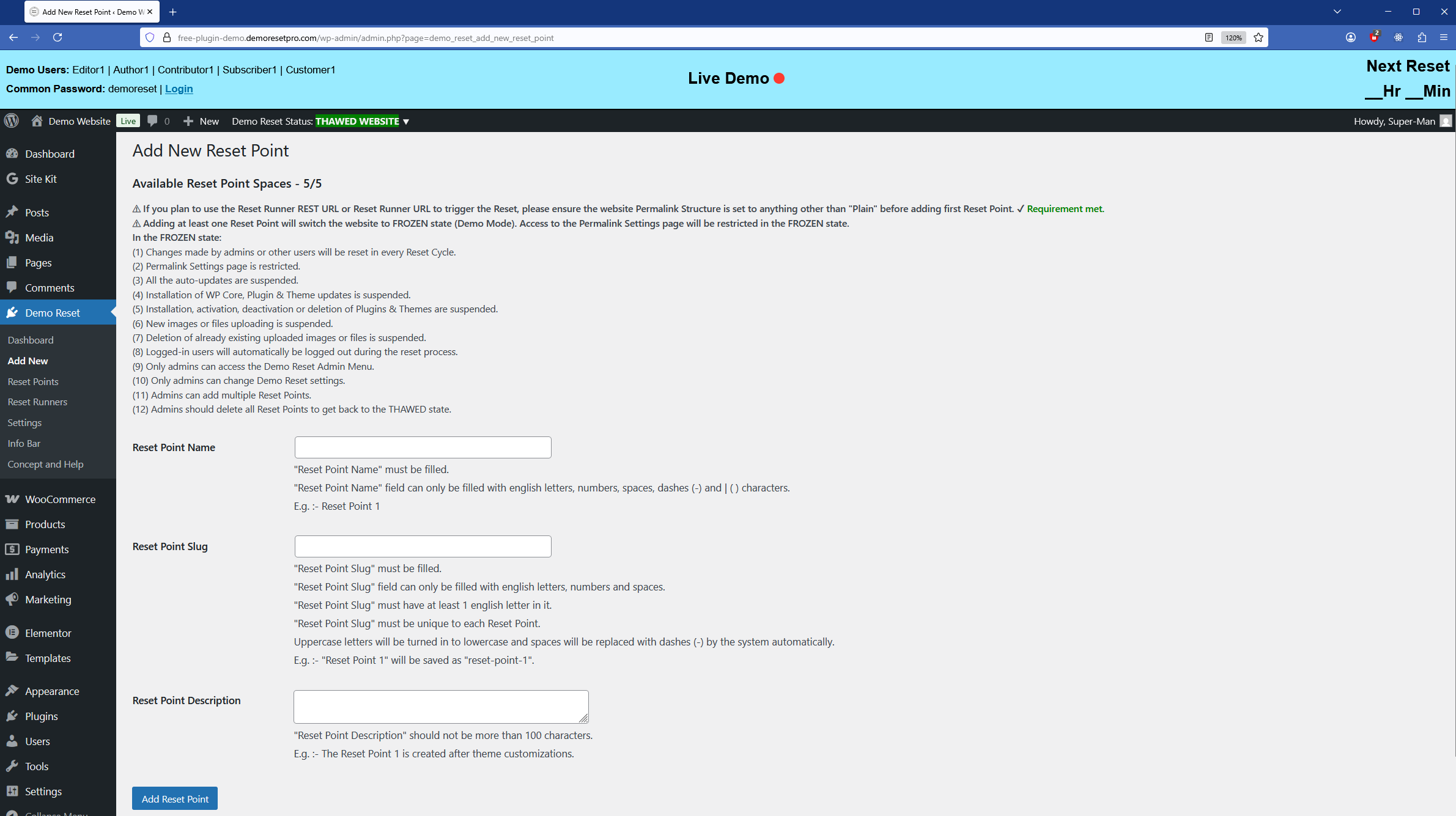 WP Dashboard - THAWED state (Non-Demo mode)