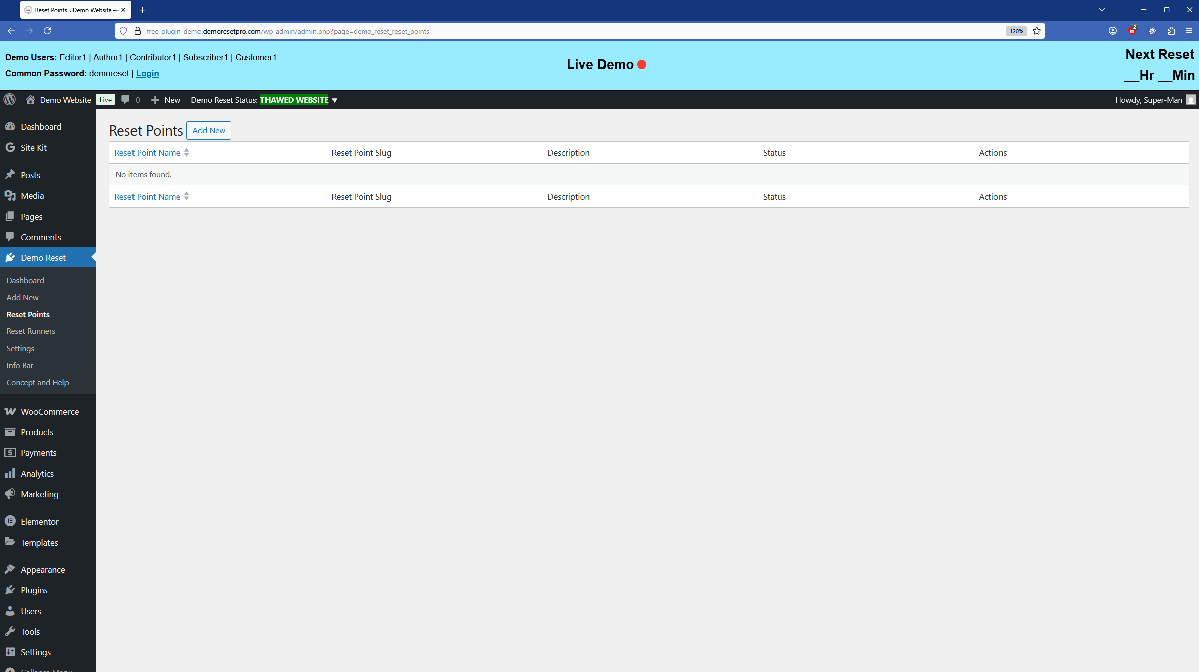 Demo Reset Pro Dashboard - FROZEN state (Demo Mode)