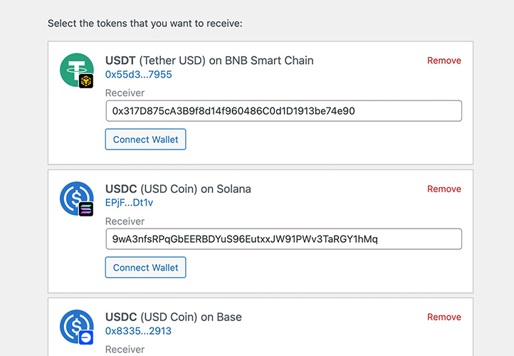 Configuring accepted payment methods with support for multiple tokens across various blockchains.