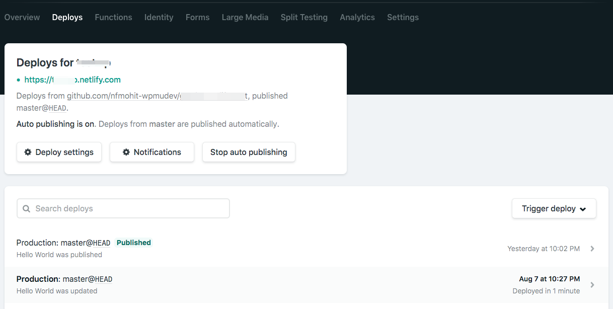 A deploy in Netlify triggered from WordPress, using NetlifyPress.