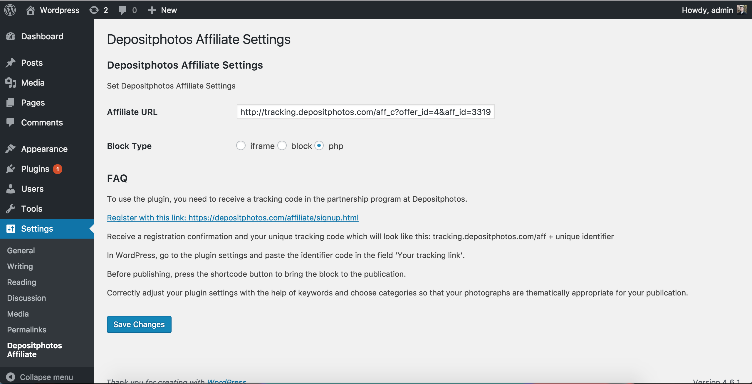 Plugin General Settings (Can be found in Settings -> Depositphotos Affiliate)