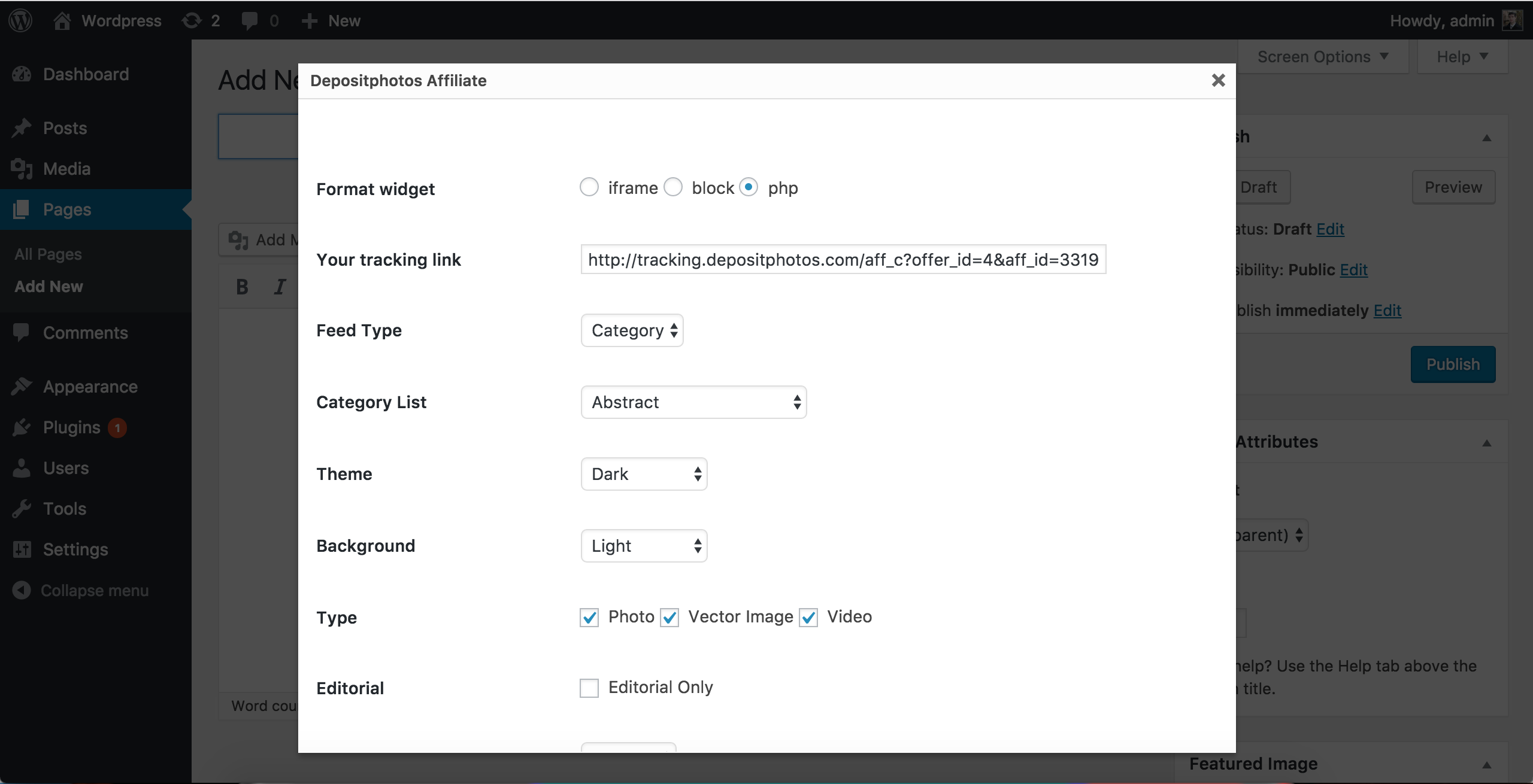 Depositphotos Affiliate Popup window with settings