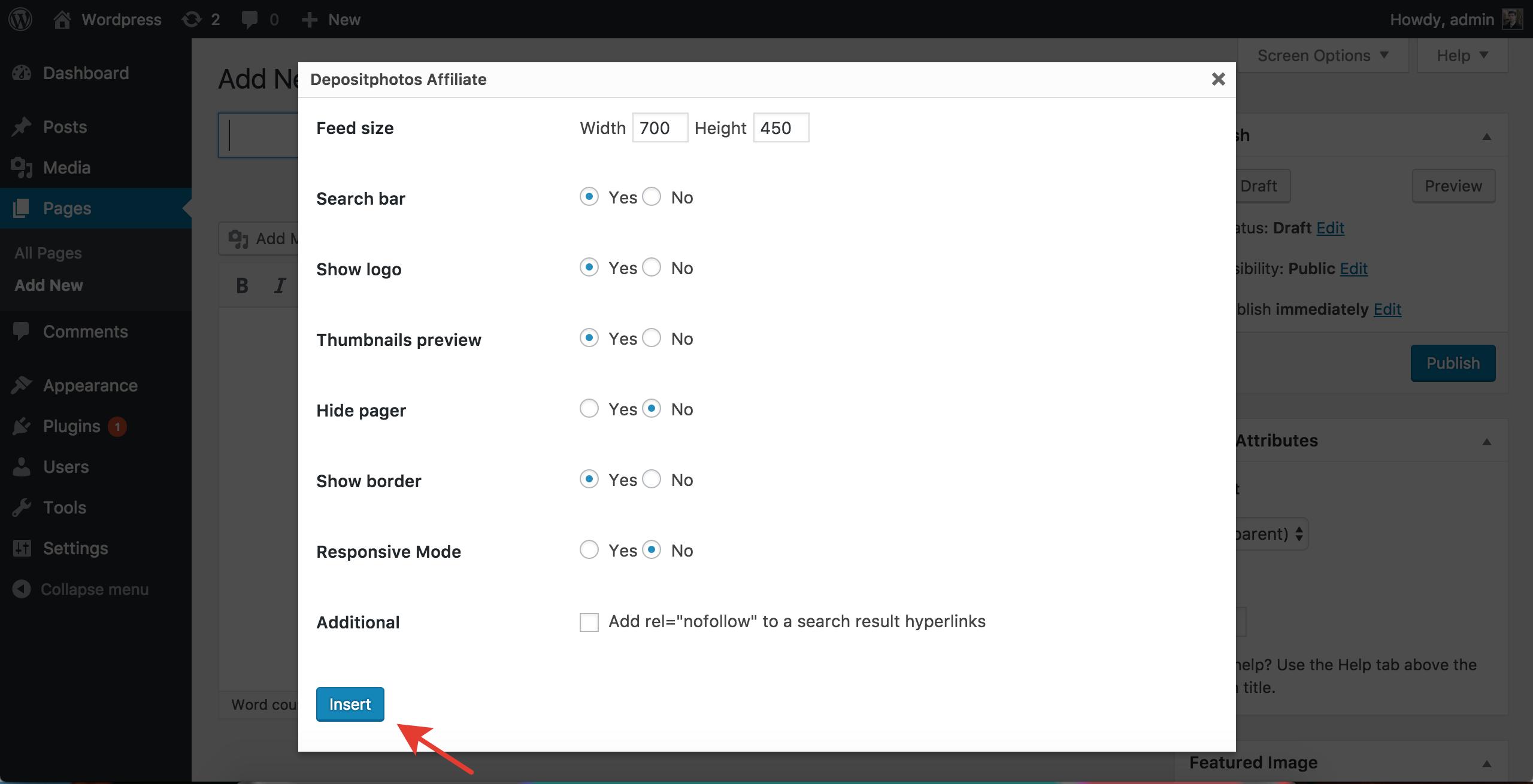 Depositphotos Affiliate Popup window with settings (continue)
