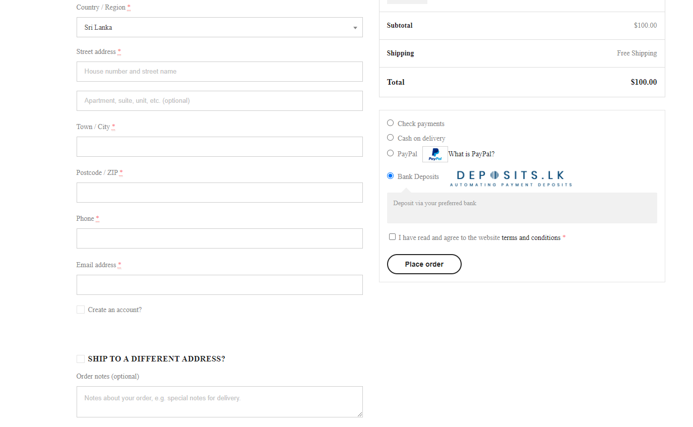 Deposits.lk Payment option in Store checkout page