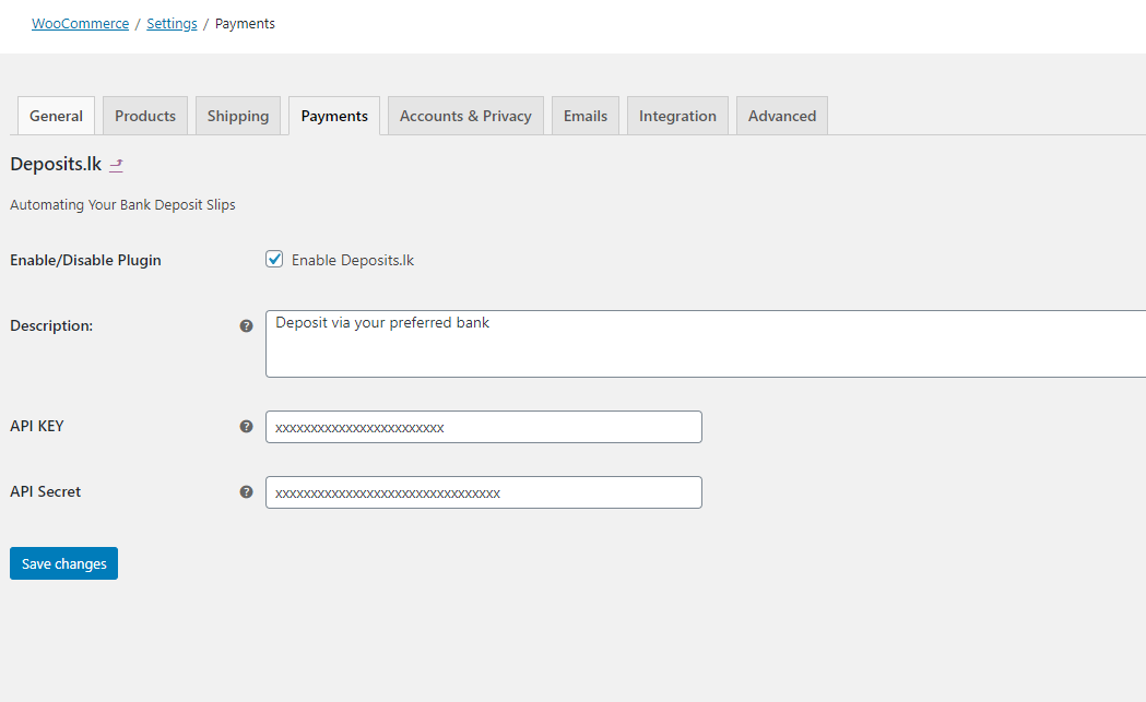 Deposits.lk Configurations page
