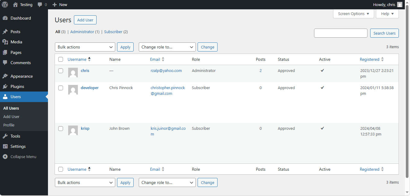 Admin Users - Bulk Actions
