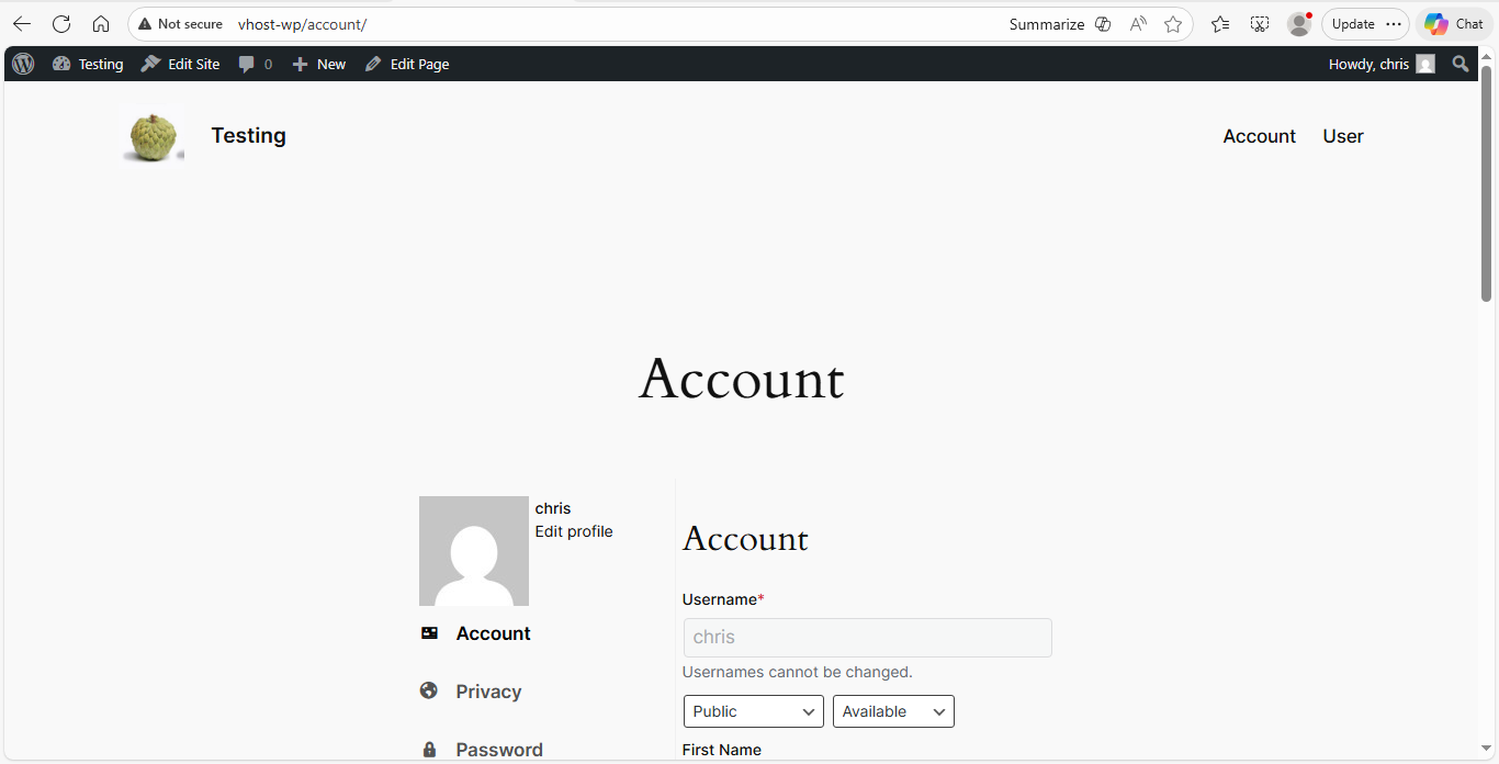 User Account Settings - Front-end