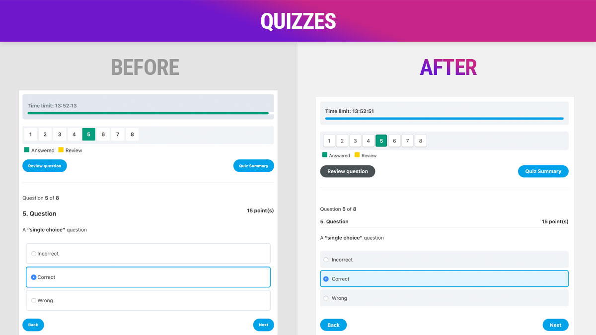 Updated quiz styling for every question type