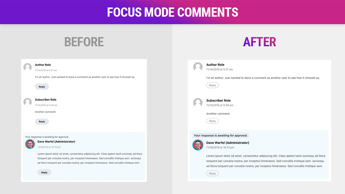 Consistent spacing & more subtle "Reply" buttons for Focus Mode comments