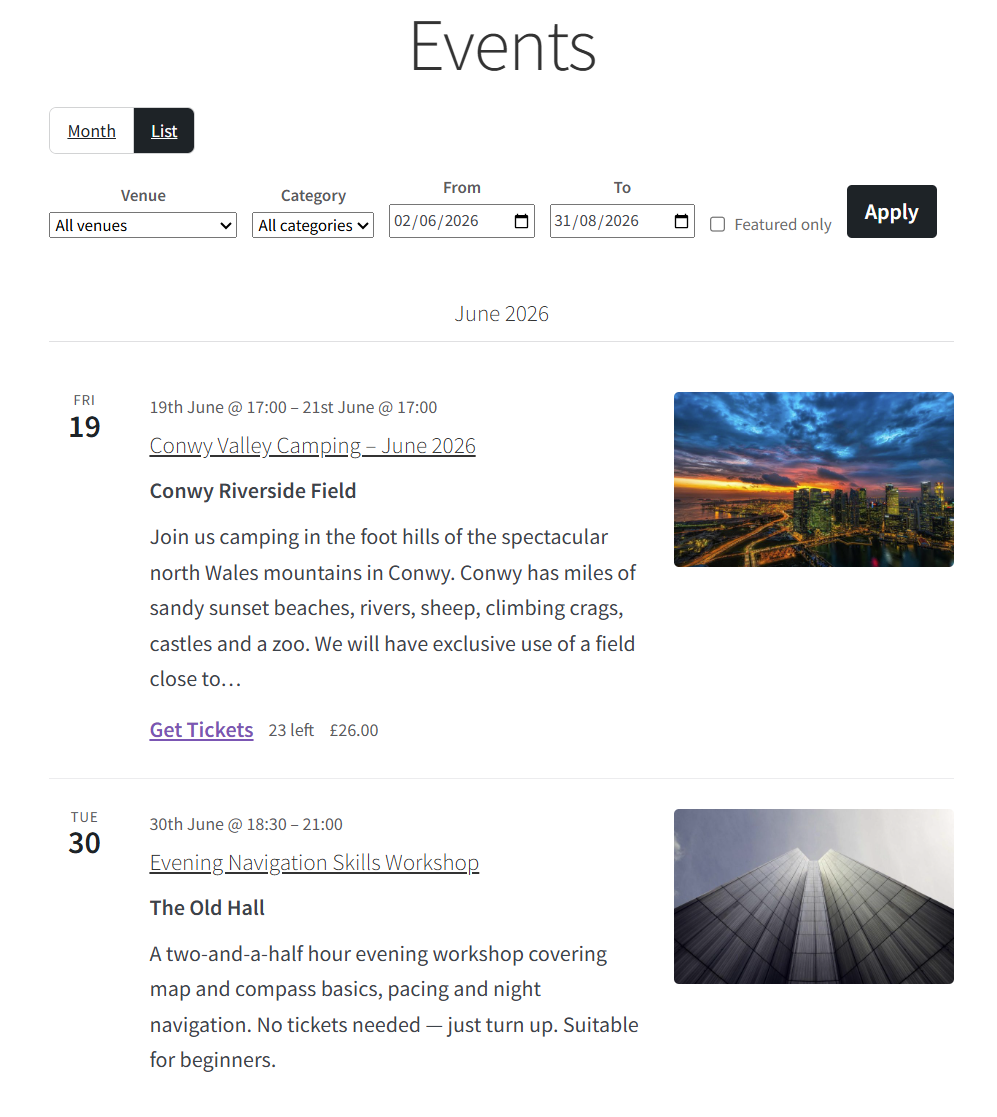 List view of the calendar archive Page