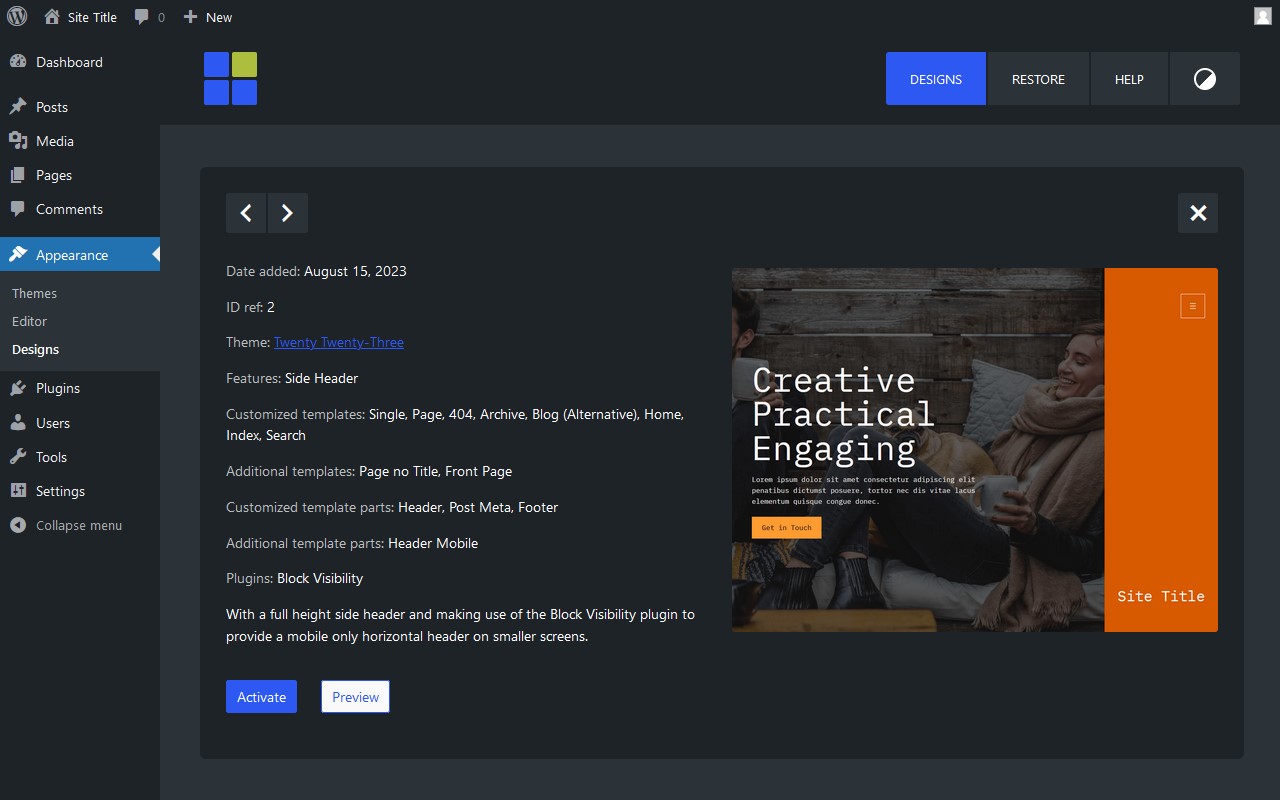 The design details with dark mode enabled.