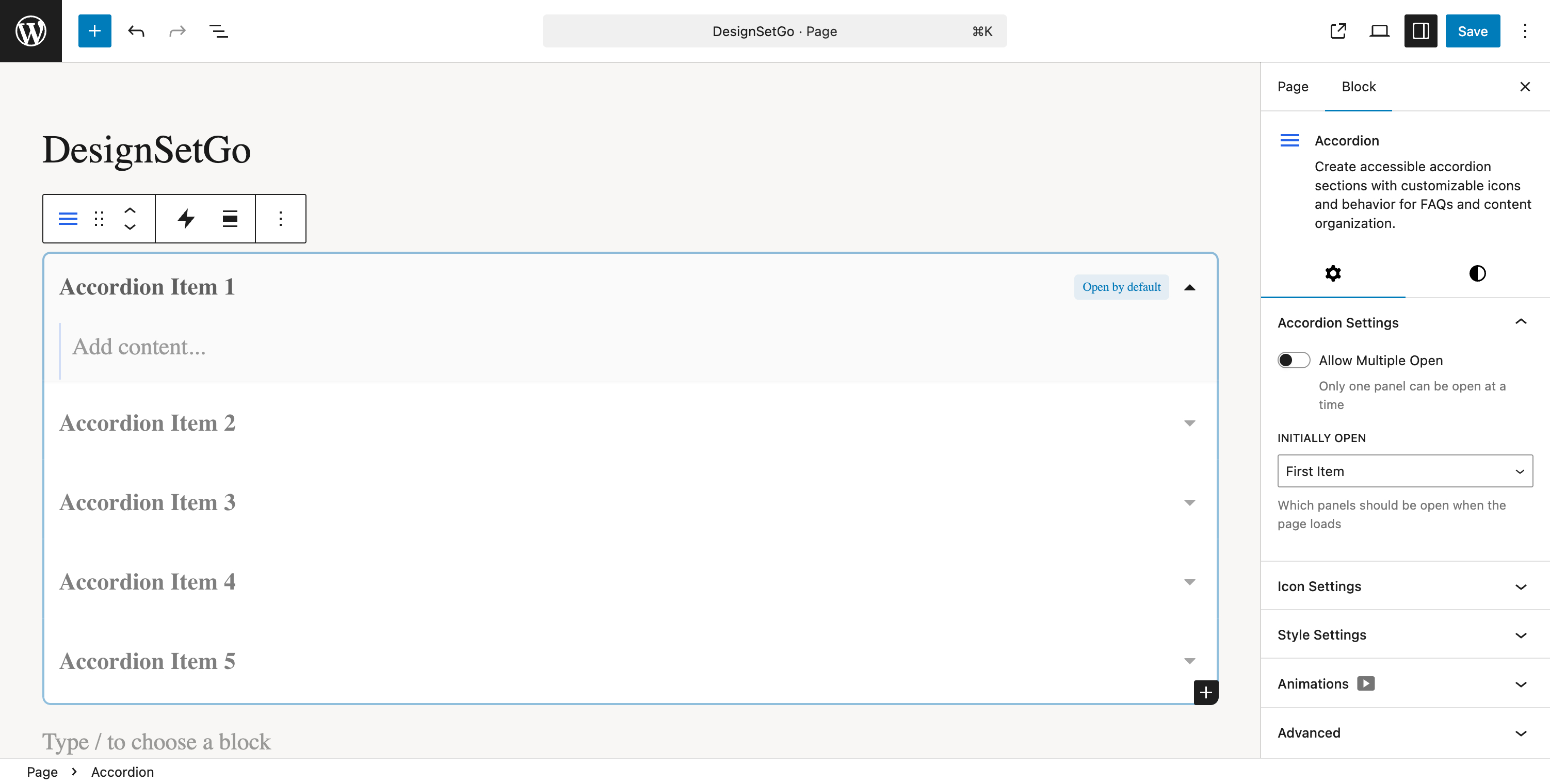 Accordion block with collapsible panels and smooth animations